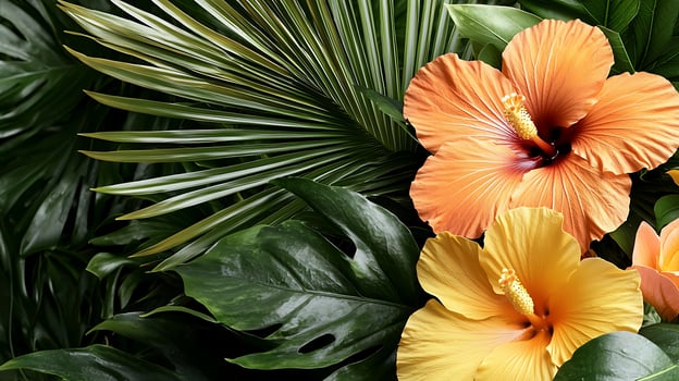 Tropical flowers and leaves photo