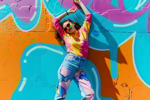 A woman in colorful pants and sunglasses posing against a graffiti wall photo
