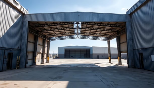 Spacious Industrial Metal Storage Facility with Open Garage Doors Set Against a Serene Clear Blue Sky Background photo