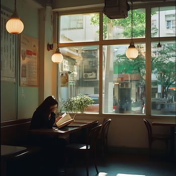 A woman sitting at a table reading a book photo