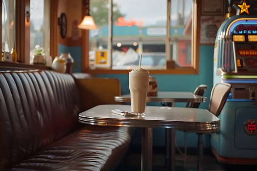 A milkshake sits on a table in a diner photo