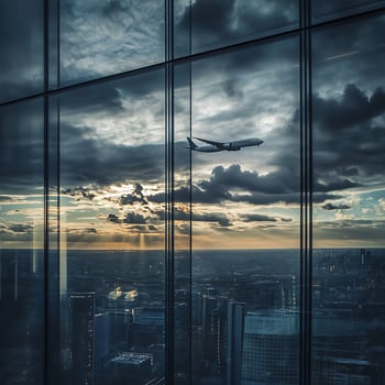 A plane flying over a city with a view of the sky photo