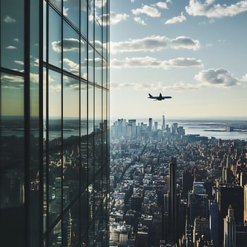 A plane flying over a city with tall buildings photo