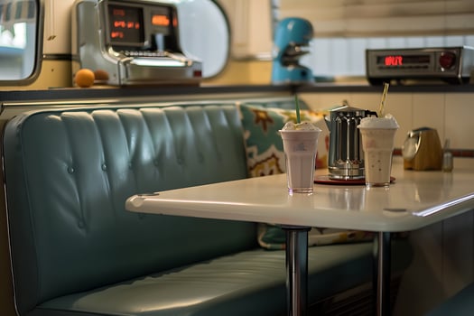 A booth with a table and two chairs photo