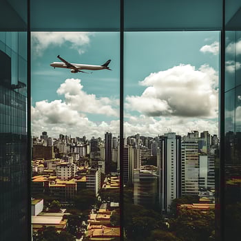 A plane flying over a city photo