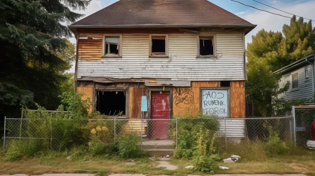 neglected boarded up house photo