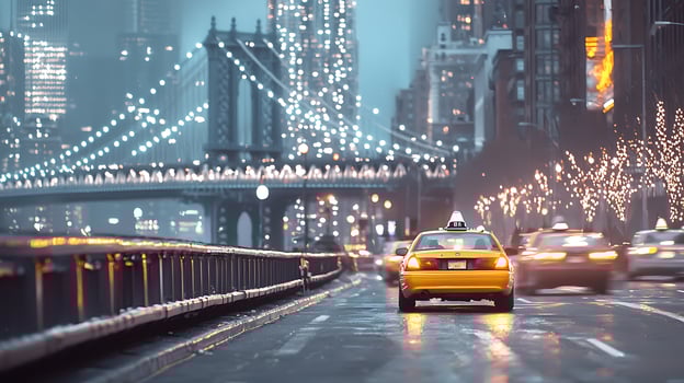Yellow taxi driving through a city street at night with a lit bridge and skyscrapers in the background photo