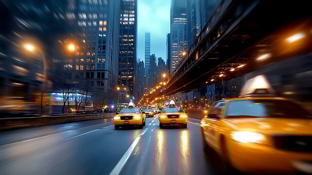 Yellow taxis navigating through a bustling city street at dusk, with skyscrapers and lights in the background photo