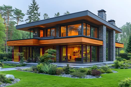 Modern Glass and Wood House in Forest Setting - Architectural Design Concept photo