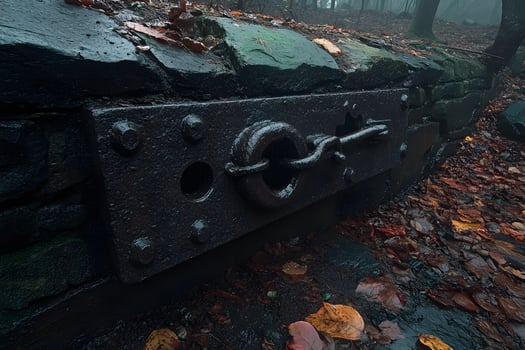 Rustic Forest Lock Mechanism on Stone Wall in Misty Autumn Setting photo