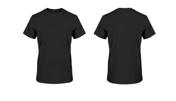 A plain black t-shirt displayed from the front and back on a neutral background, suitable for fashion promotions and clothing line presentations. photo