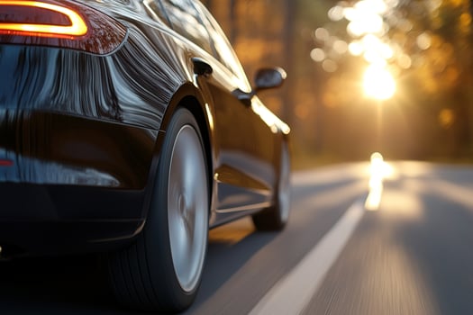 A sleek car glides along an open road, with subtle motion blur emphasizing its speed. The golden sunlight filters through the trees, enhancing the warmth of a late afternoon adventure photo