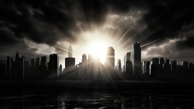 cityscape sun illustration black and white photo