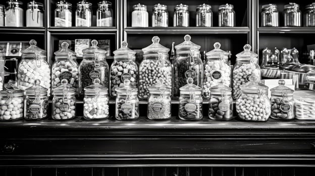 jars candy black and white photo