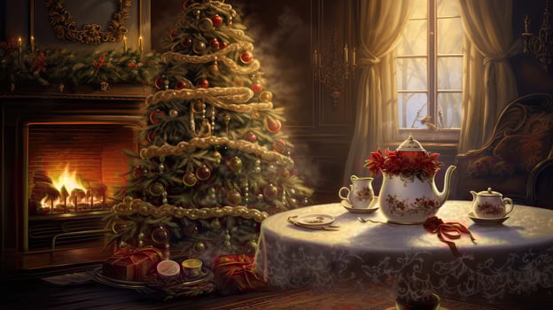 festive christmas tree and fireplace photo