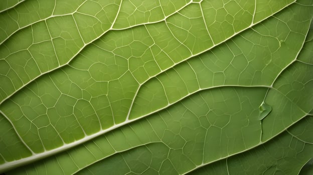 An extreme close-up of a green leaf, highlighting the fine network of veins that create its unique structure. photo