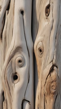 A high-detail close-up of driftwood, sun-bleached and featuring smooth grain and striking natural knots. photo
