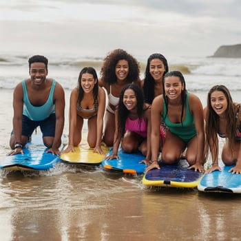 A group of young people posing with surfboards on the beach photo
