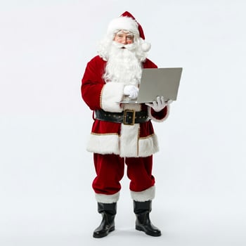 A full-length, front-facing portrait of Santa Claus in his traditional red suit, white gloves, and black boots. He is holding and looking down at a silver laptop computer photo