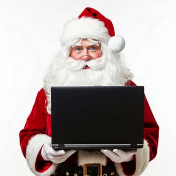 A santa claus, holding a laptop computer photo