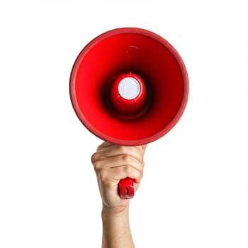 A person holding a red megaphone on a white background photo