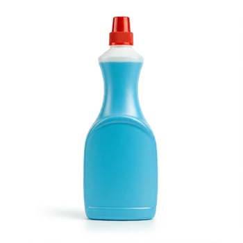 A light blue plastic bottle for household cleaning with a red cap, isolated on a white background. The bottle has a distinct, curvaceous shape, a white neck, and a blank space for a label photo