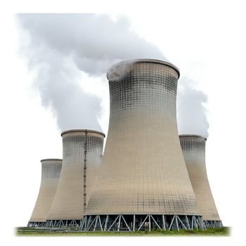 A group of cooling towers with smoke coming out of them photo