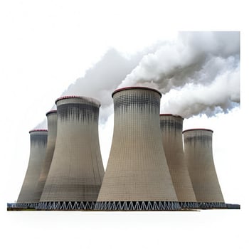 A group of cooling towers with smoke coming out of them photo