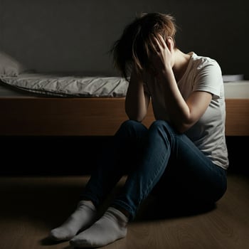 A woman sitting on the floor in front of a bed photo
