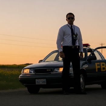A man in a suit standing next to a police car photo