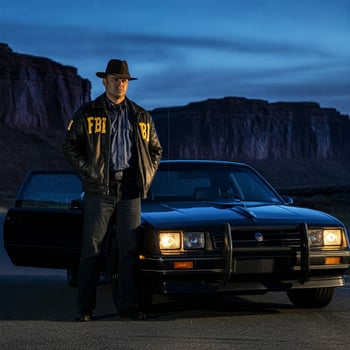A man in a hat and jacket standing next to a car photo