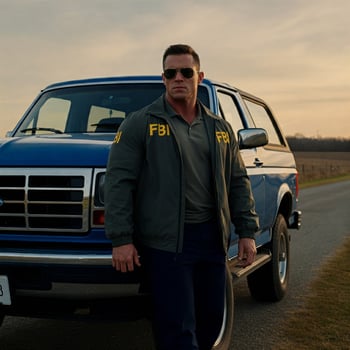 A man standing next to a blue truck photo