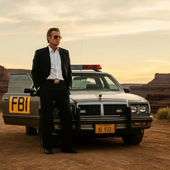 A man in a suit standing next to a police car photo