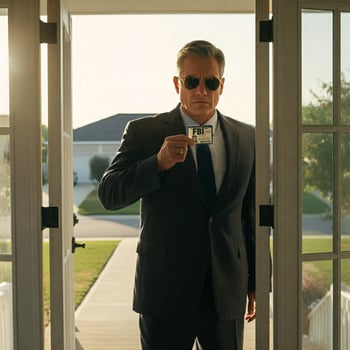 A man in a suit and sunglasses holding a piece of paper photo