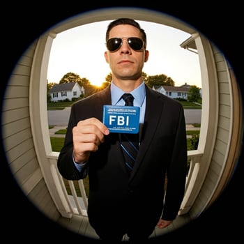 A man in a suit and sunglasses holding a fbi card photo