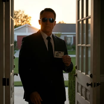 A man in a suit and sunglasses holding a card photo