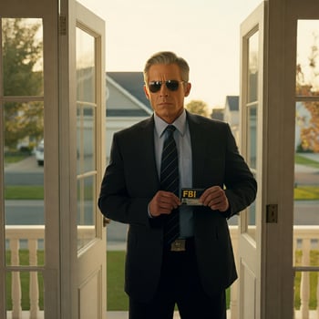 A man in a suit and sunglasses holding a card photo