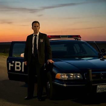 A man in a suit standing next to a police car photo