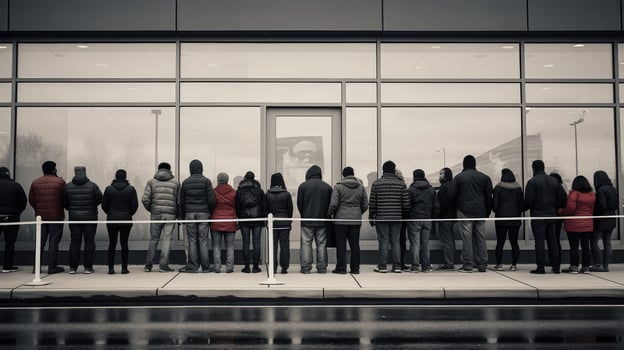 queue black and white building photo