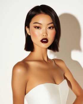 Stunning Asian woman with a bob haircut, flawless makeup, and dark lipstick. Studio shot. photo