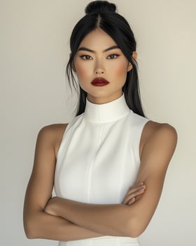 Portrait of a young Asian woman with dark hair and bold makeup, wearing a white turtleneck top. photo