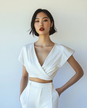 Stylish woman in white wrap top and pants. Minimalist fashion. Modern clothing. photo