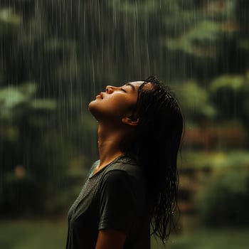 A woman is looking up at the rain photo