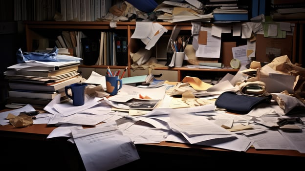 chaos desk with papers photo