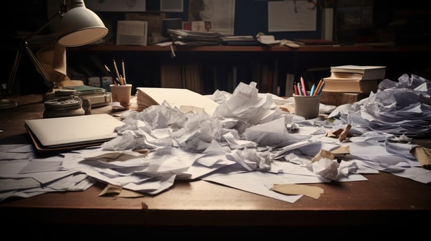 disorganizati crumpled paper on desk photo