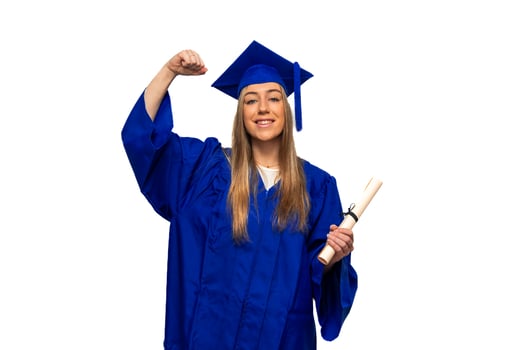 Graduated student celebrating with diploma and blue gown on white background photo