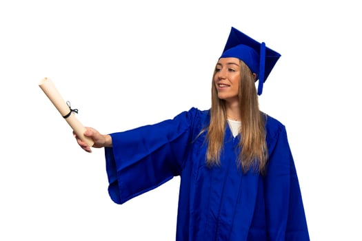 Graduated student showing diploma wearing blue gown on white background photo