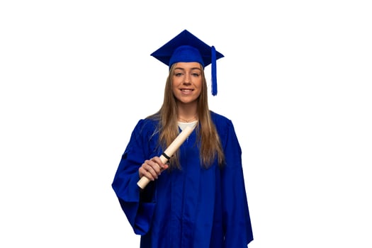 Graduated student holding diploma wearing blue gown on white background photo