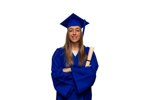 Portrait of graduated college student holding diploma with arms crossed, isolated white background photo