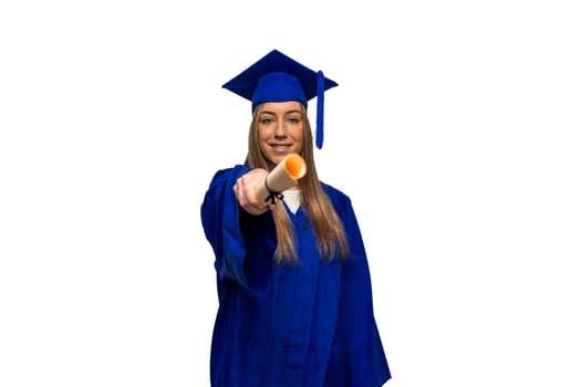Happy graduating student showing diploma on white background photo